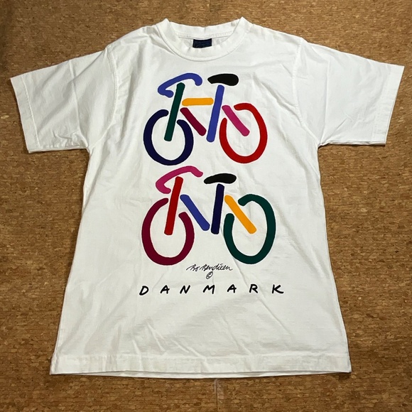 Vintage Bo Bendixen Bike Art Tee Denmark White Medium Unisex 90s Graphic T-Shirt - Picture 2 of 14